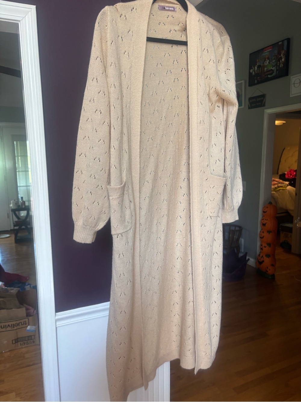 Light Cream Long Open-Front Knit Duster